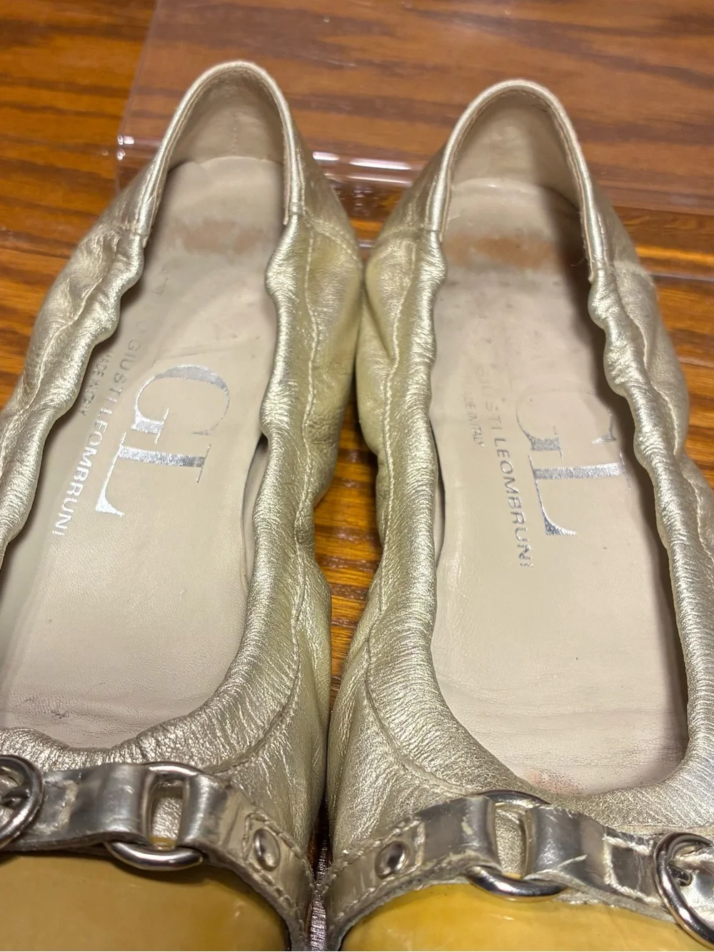 AGL Italy Made Metallic Gold Leather Patent Cap Toe Ballet Flats EU 36.5 US 6.5